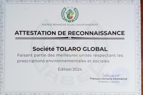 TOLARO GLOBAL SAS distinguée par l'Agence Béninoise de l'Environnement